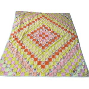 VTG Retro 70s Patchwork Hippie Boho Quilt Bedspread Blanket Yellow Orange 89X76